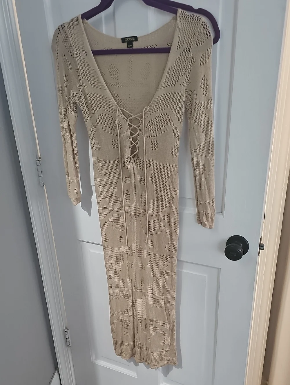 Dolcessa Beige Crochet Lace-Up Swim Cover-Up Dress